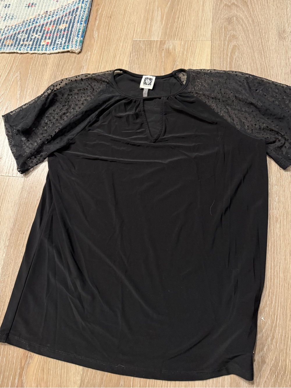 Anne Klein Black Short Sleeve Top with Lace Dot Sleeves
